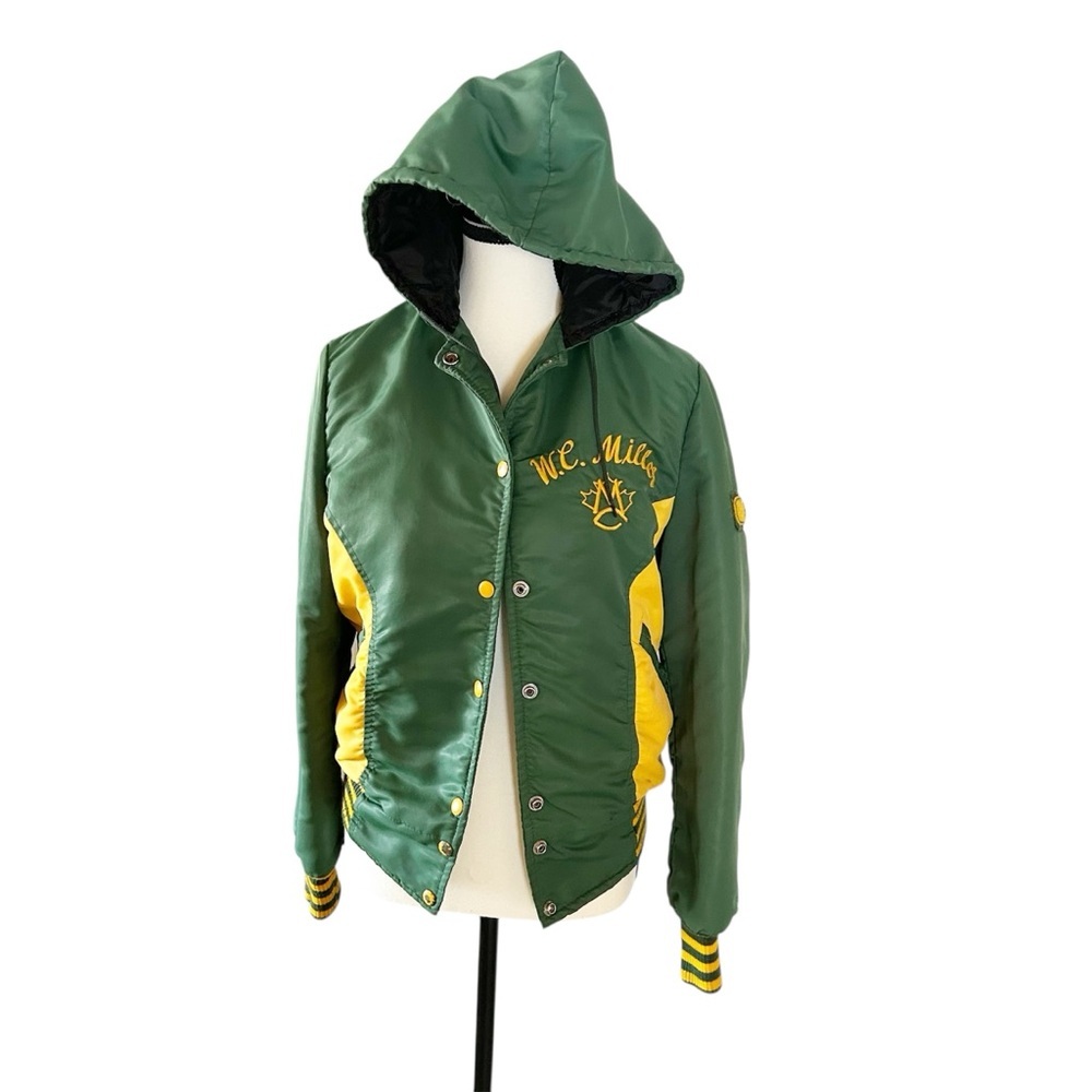 Vintage 80’s Green and Yellow Hooded Bomber Class Jacket Lightly insulated